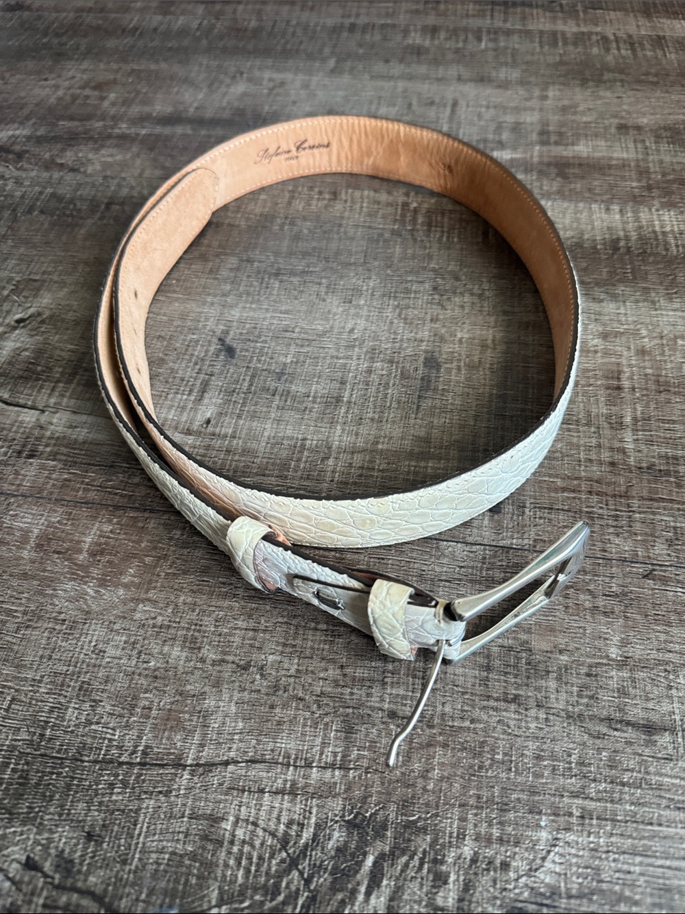 Men's Textured Off-White Leather Belt with Silver Buckle